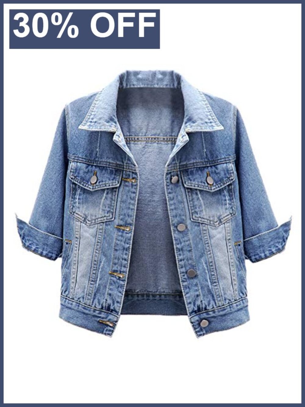Women's Cropped 3/4 Sleeve Denim Jean Jacket Cotton Blend Coat